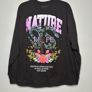 PacSun Black Long Sleeve Graphic Nature Life Tee with Pink & Green Print